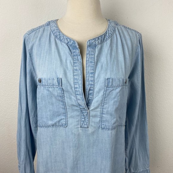 Cloth & Stone Womens Blouse Small Blue Chambray Pull Over Long Sleeves Pockets - Picture 2 of 11